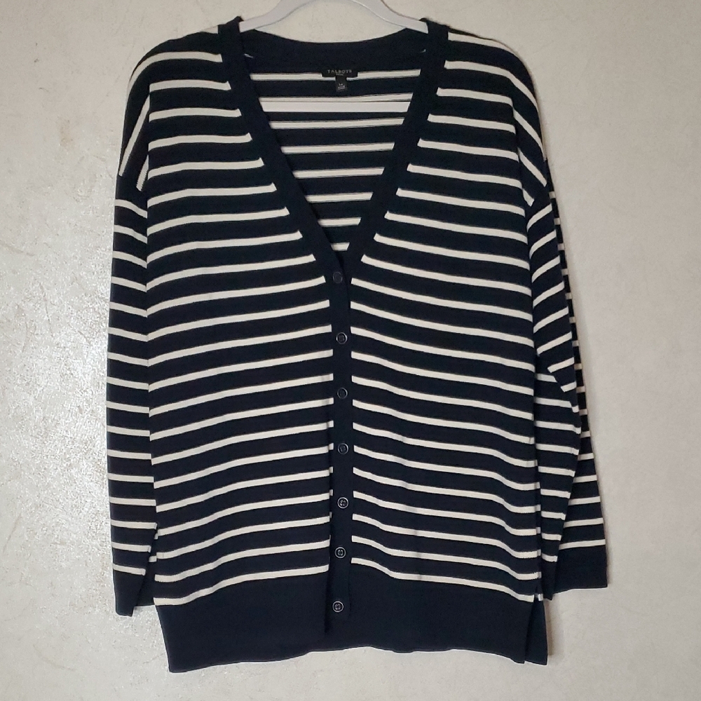 Talbots Navy and White Striped Women's Cardigan NWOT